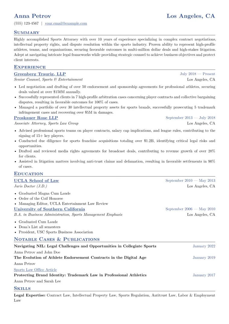 Sports Attorney Resume Example CV template preview