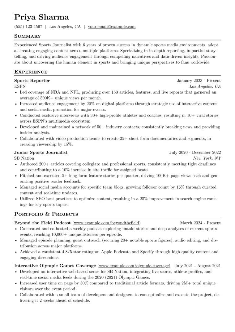 Sports Journalist Resume Example CV template preview