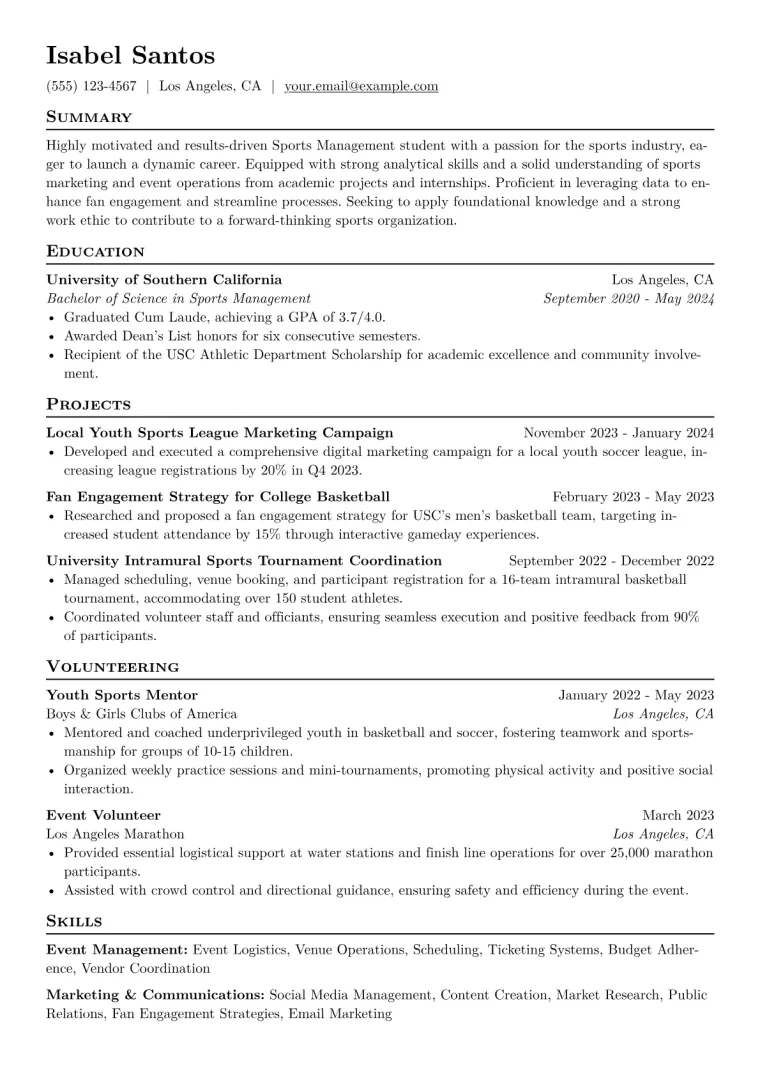 Sports Management Intern Resume Example CV template preview