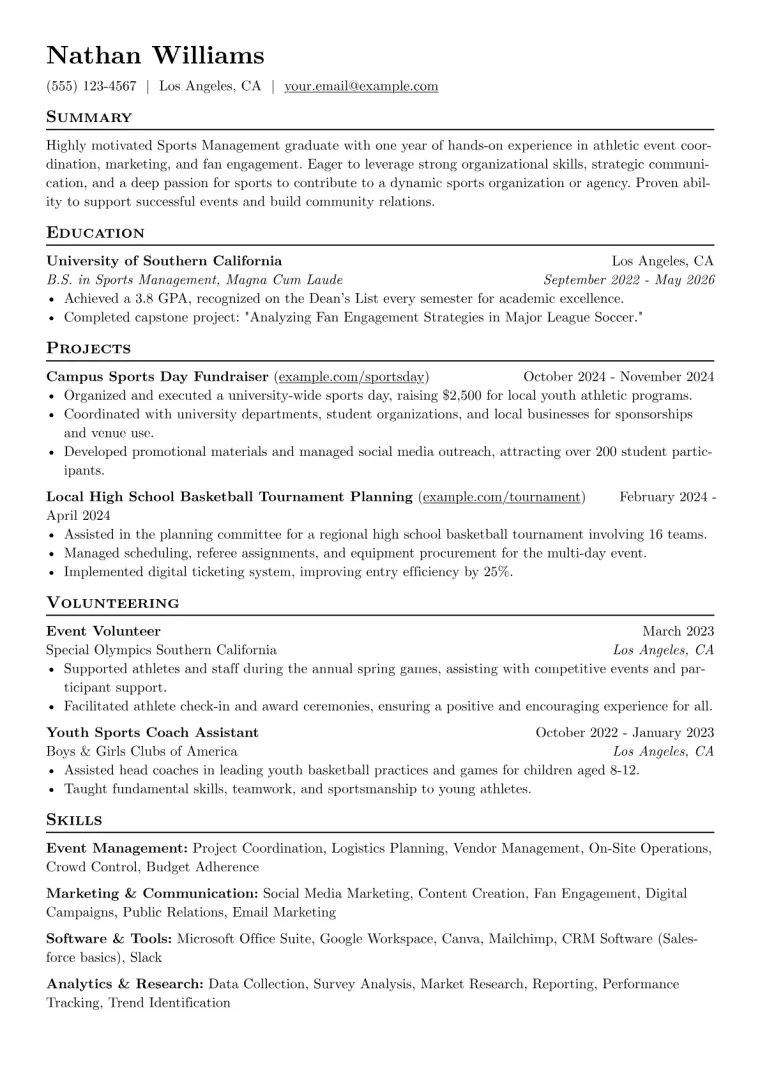 Sports Management Student Resume Example preview