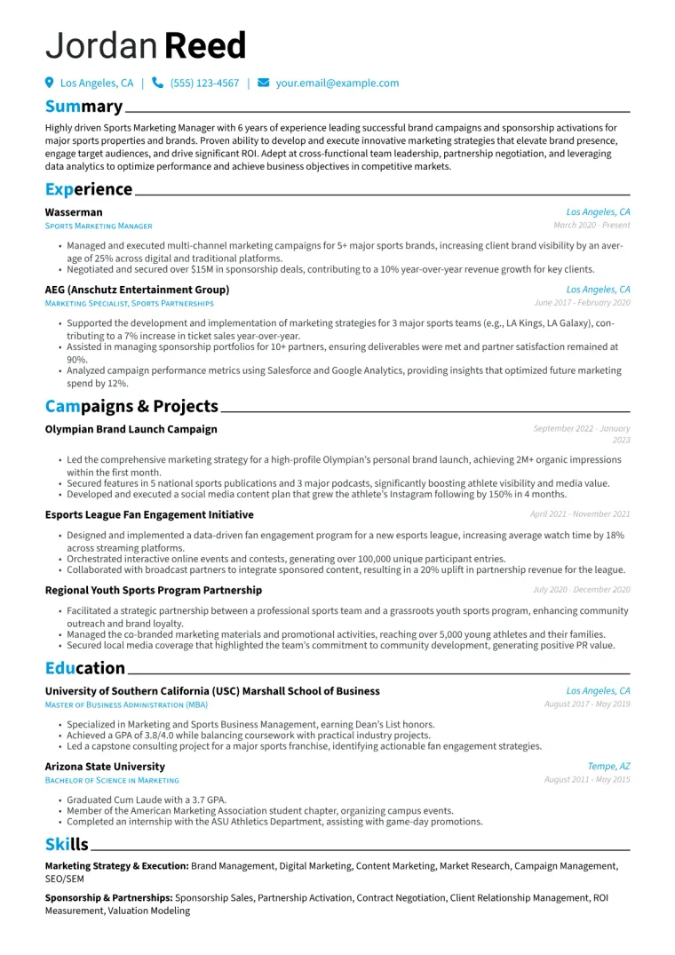 Sports Marketing Manager Resume Example CV template preview