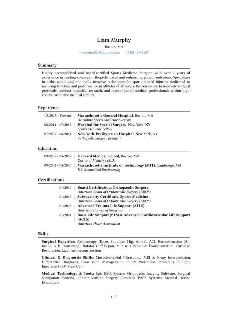 Sports Medicine Surgeon Resume Example CV template preview