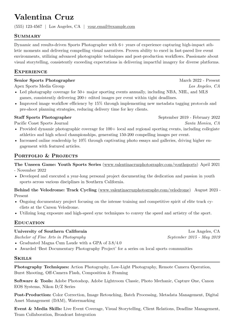 Sports Photographer Resume Example CV template preview