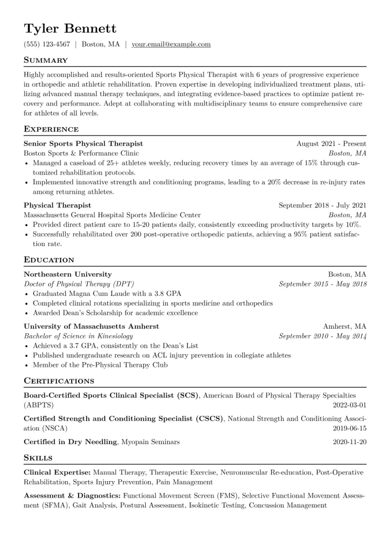 Sports Physical Therapist Resume Example CV template preview