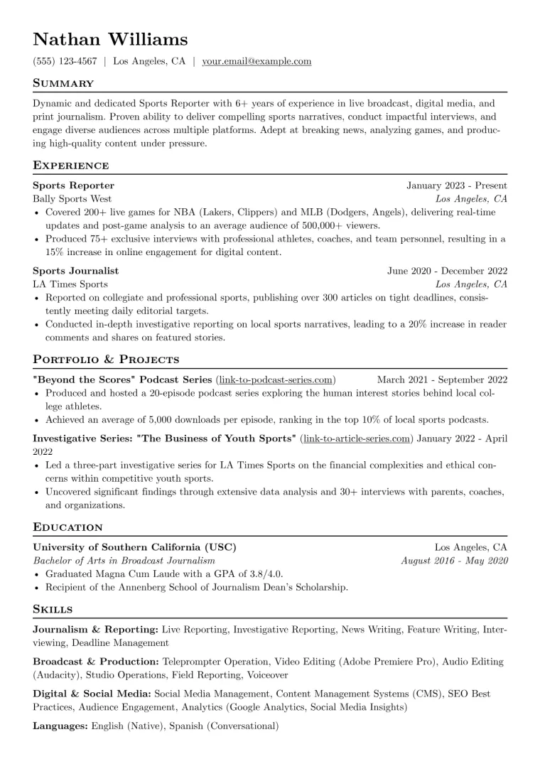 Sports Reporter Resume Example CV template preview