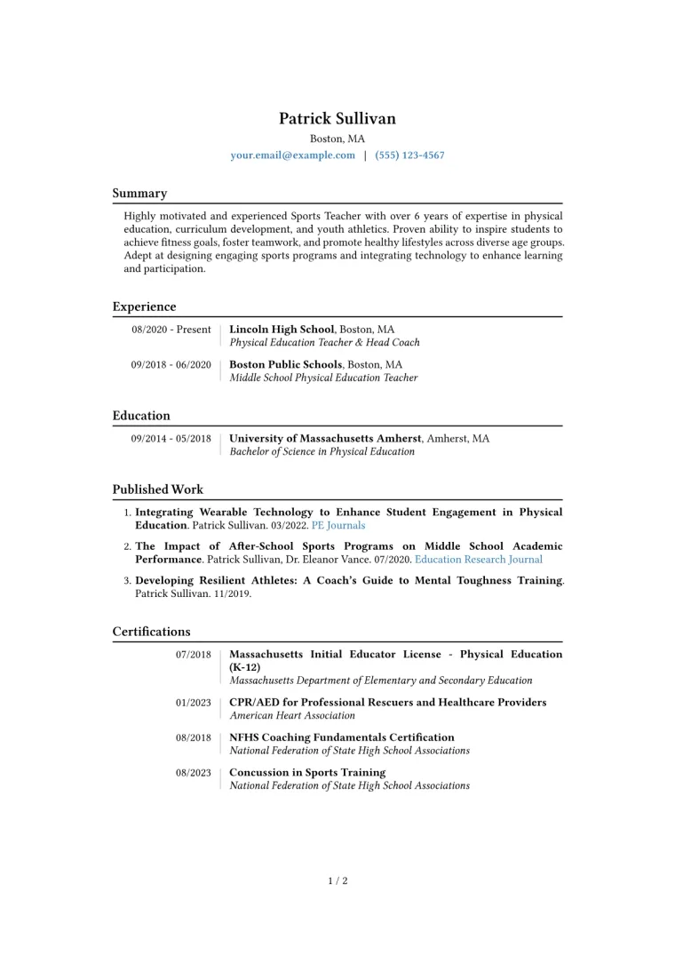 Sports Teacher Resume Example CV template preview