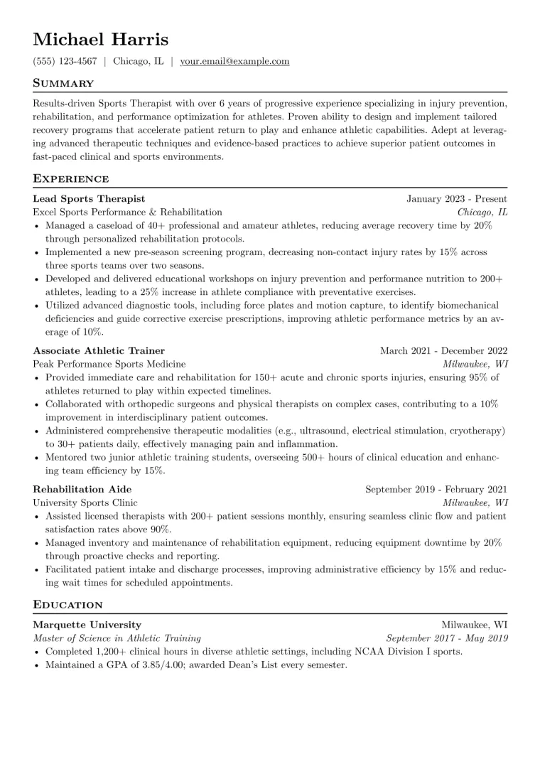 Sports Therapist Resume Example preview