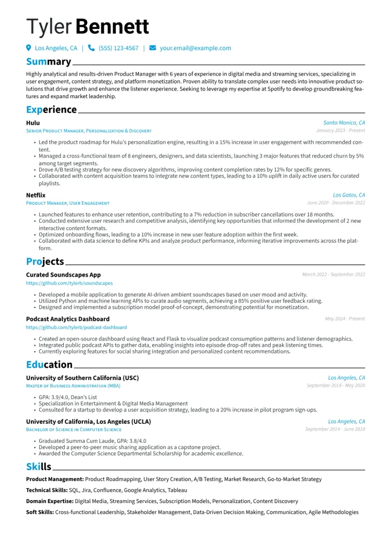 Spotify Resume Example CV template preview