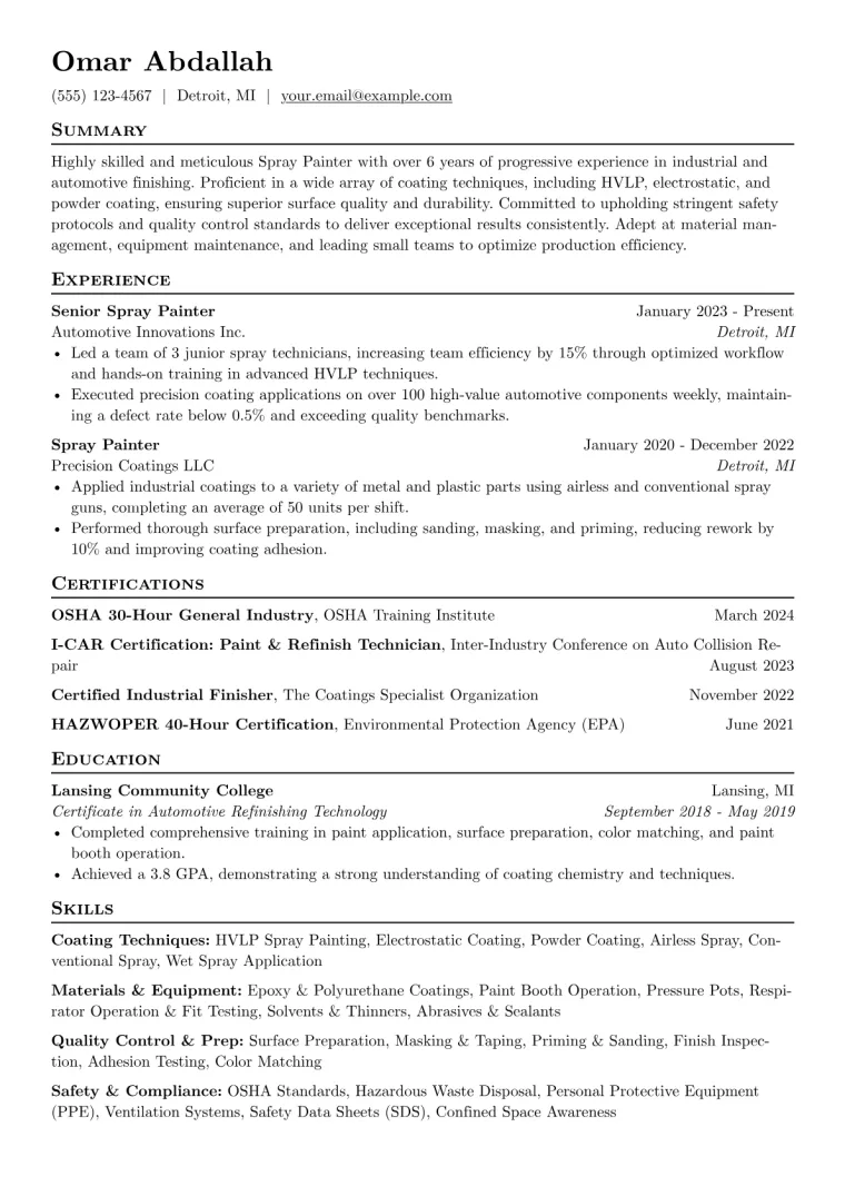 Spray Painter Resume Example CV template preview