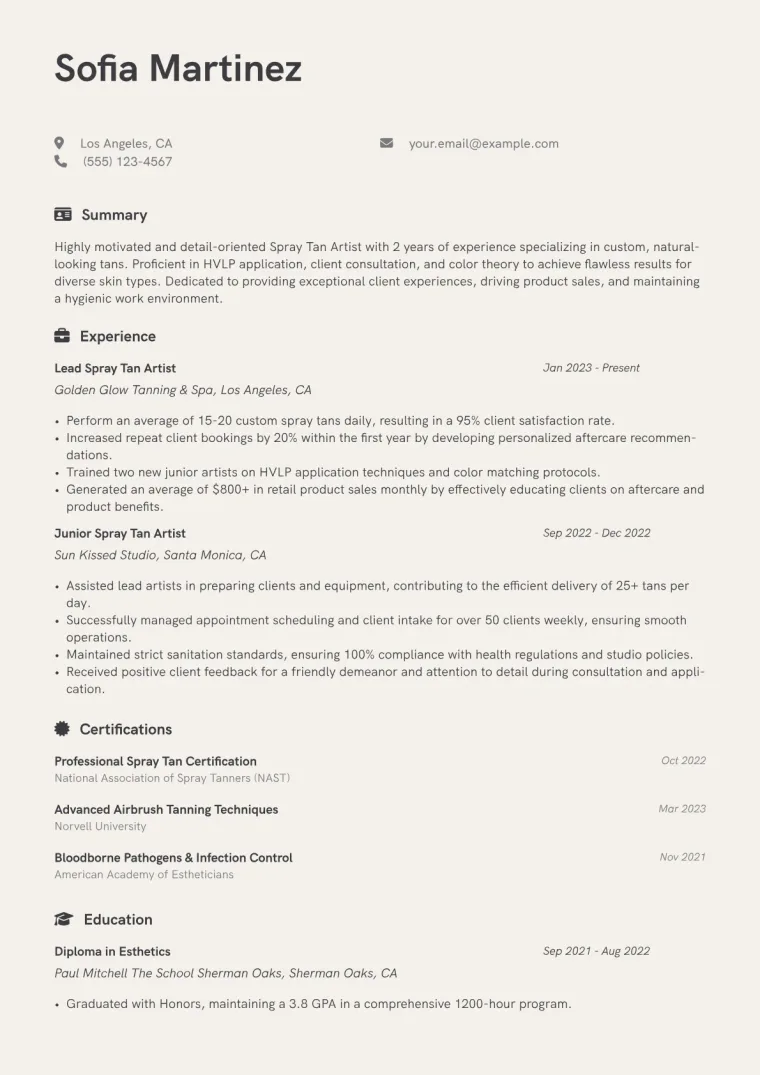Spray Tan Artist Resume Example CV template preview