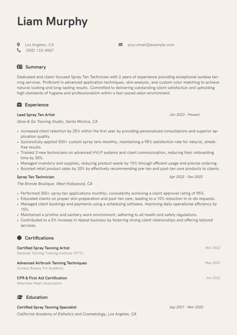 Spray Tan Technician Resume Example CV template preview
