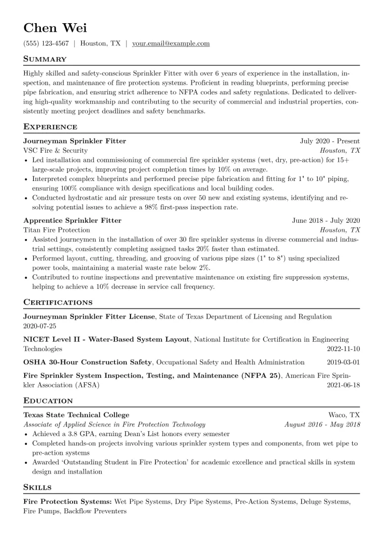 Sprinkler Fitter Resume Example CV template preview