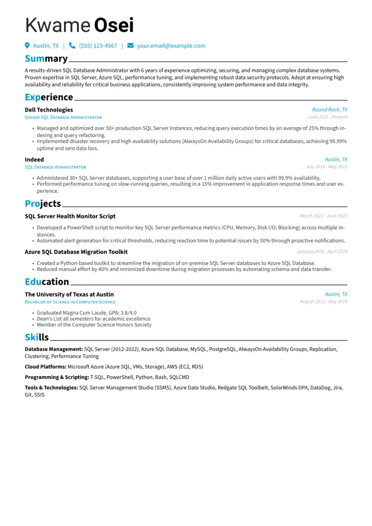SQL Database Administrator Resume Example CV template preview