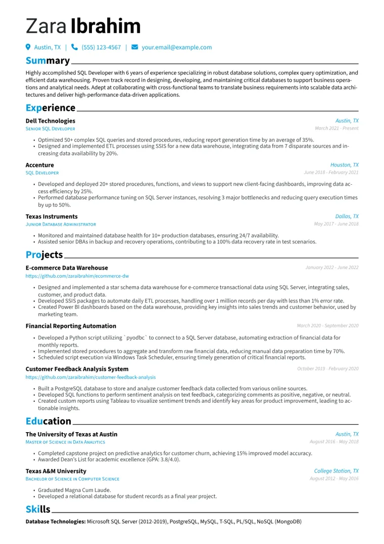 SQL Developer Resume Example CV template preview