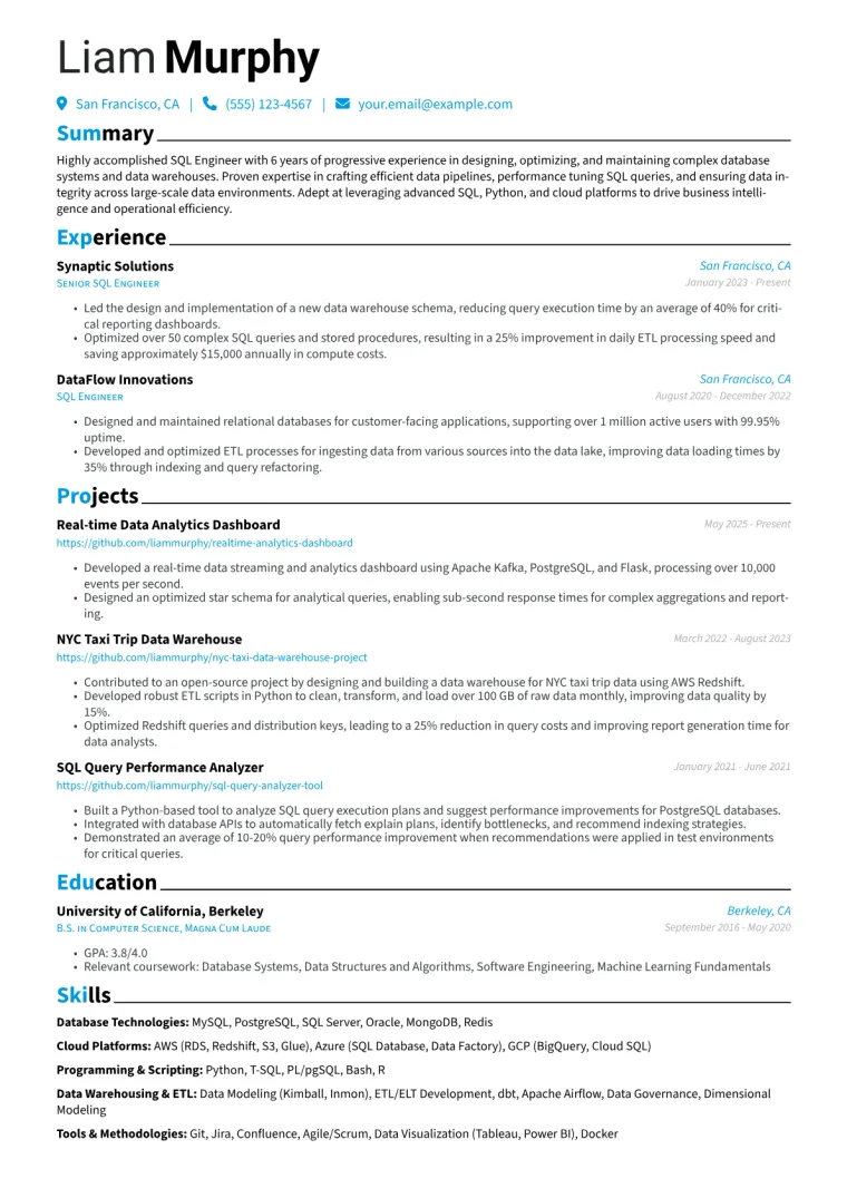 SQL Engineer Resume Example preview