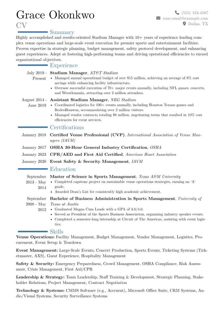 Stadium Manager Resume Example CV template preview