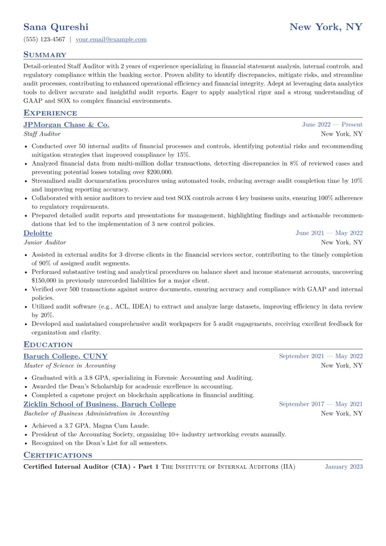 Staff Auditor Resume Example CV template preview
