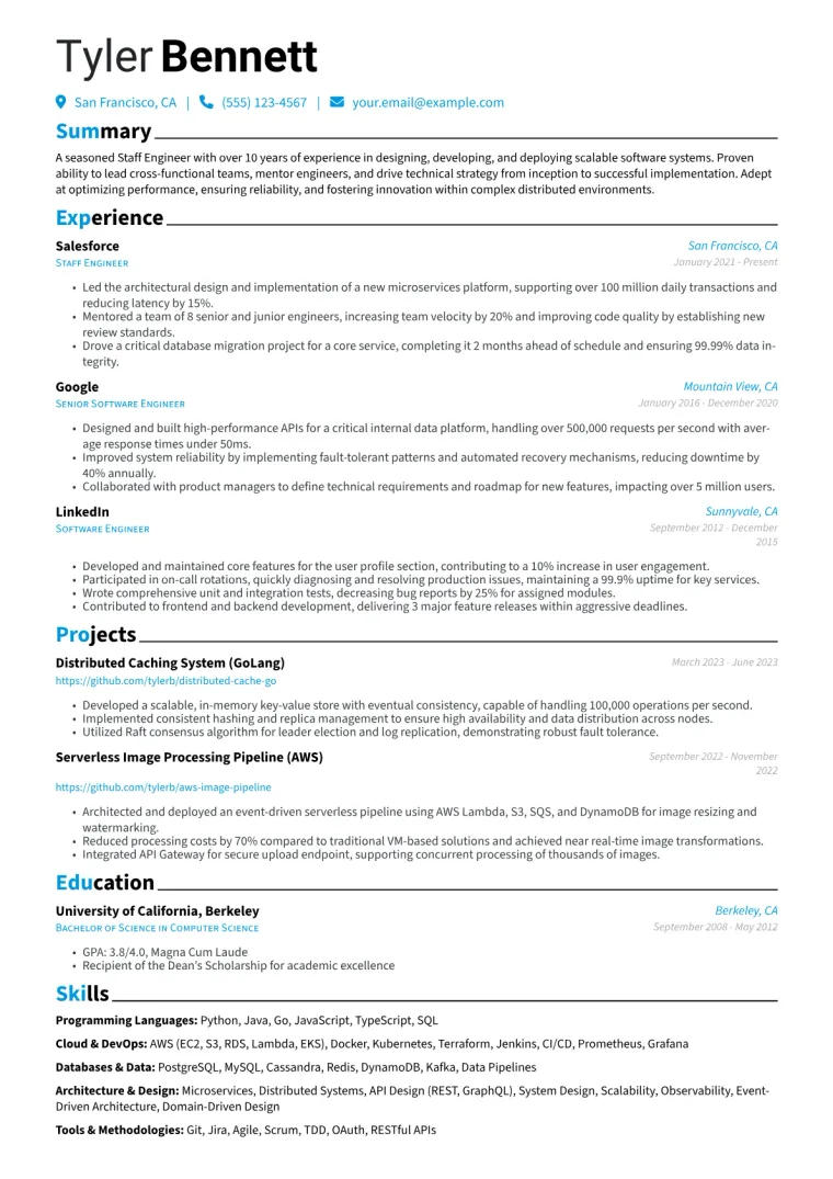 Staff Engineer Resume Example CV template preview