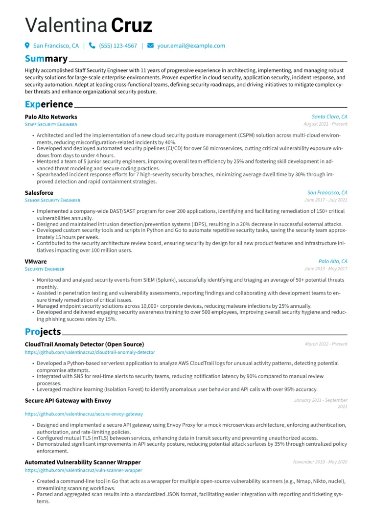 Staff Security Engineer Resume Example CV template preview