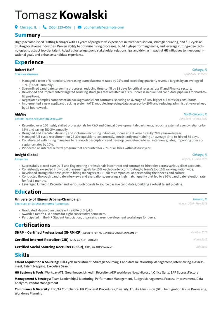 Staffing Manager Resume Example CV template preview