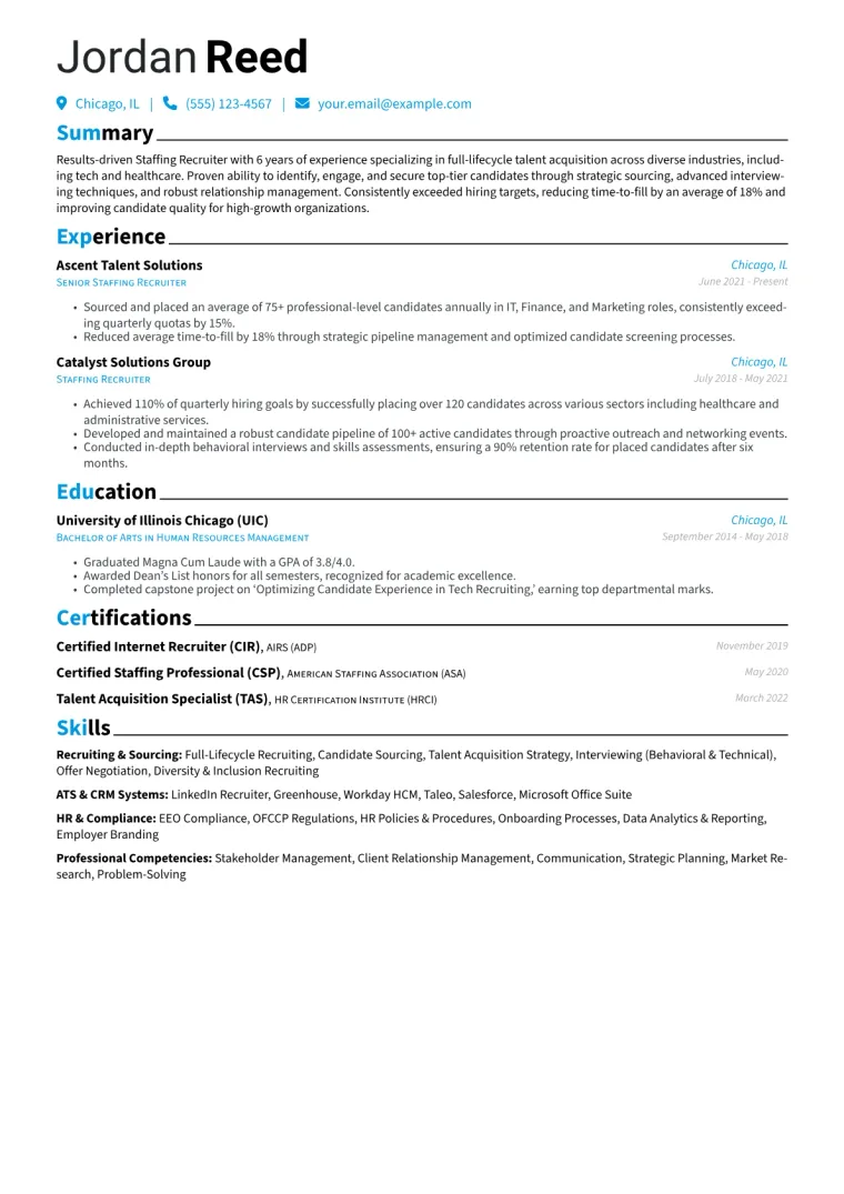 Staffing Recruiter Resume Example CV template preview