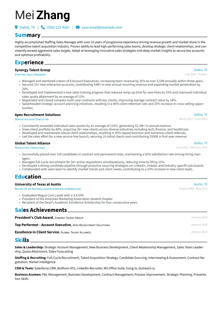 Staffing Sales Manager Resume Example CV template preview