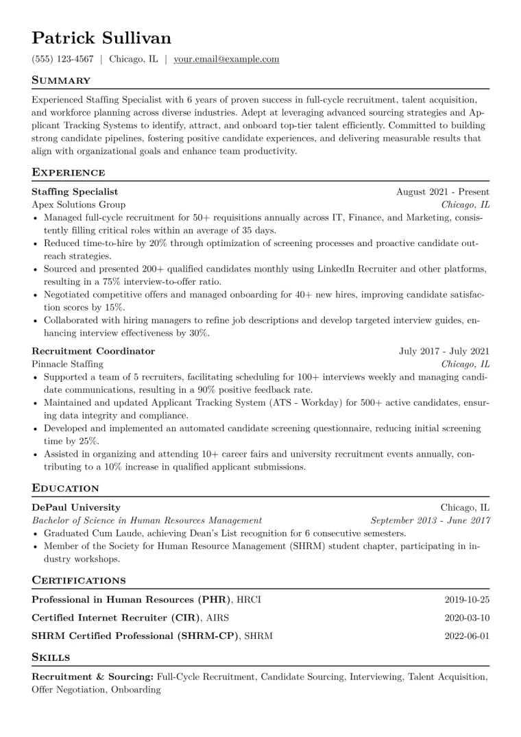 Staffing Specialist Resume Example CV template preview