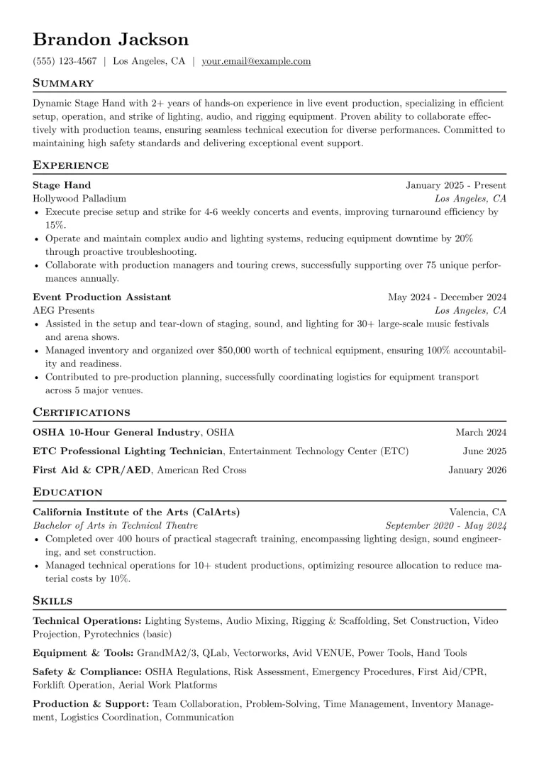 Stage Hand Resume Example preview