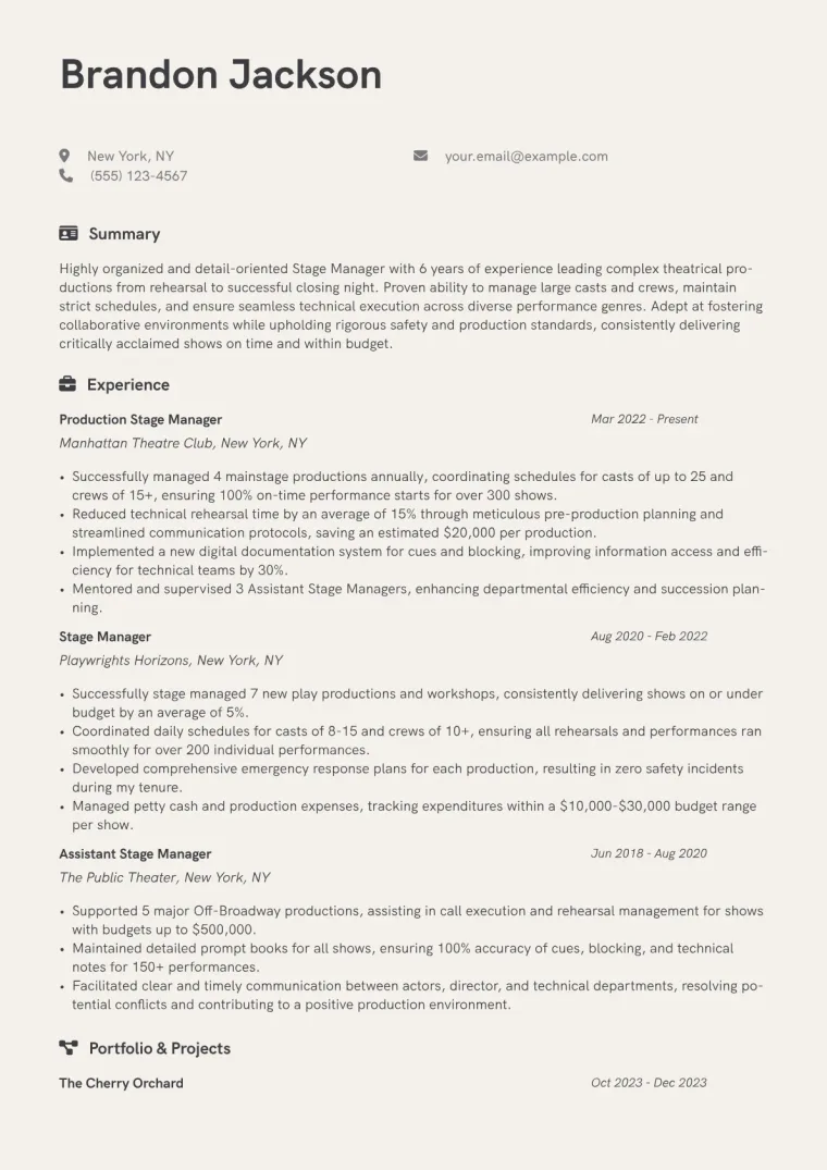 Stage Manager Resume Example CV template preview
