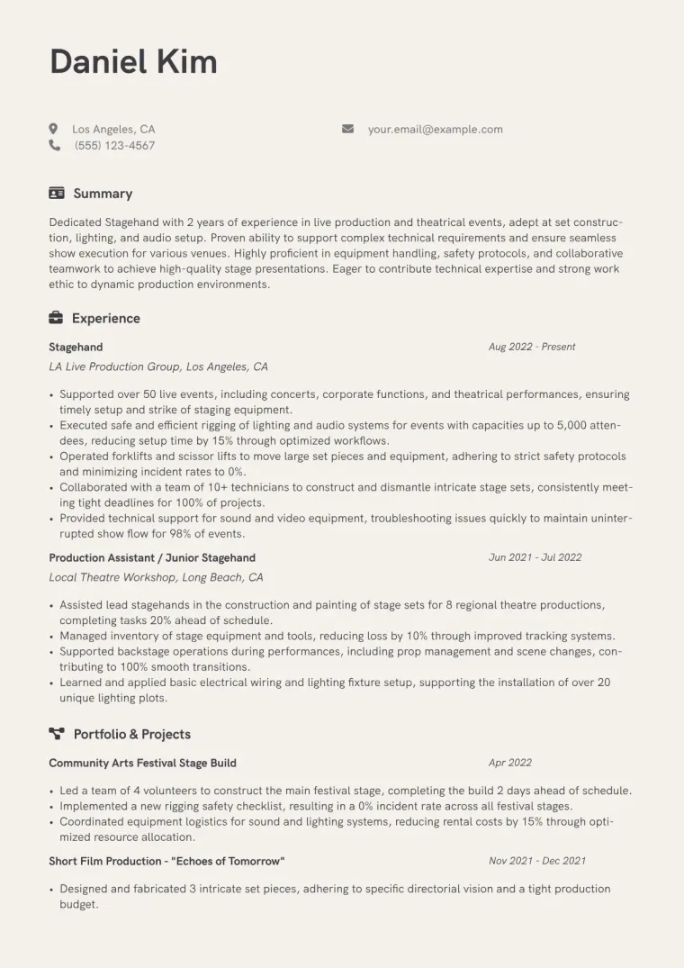 Stagehand Resume Example CV template preview