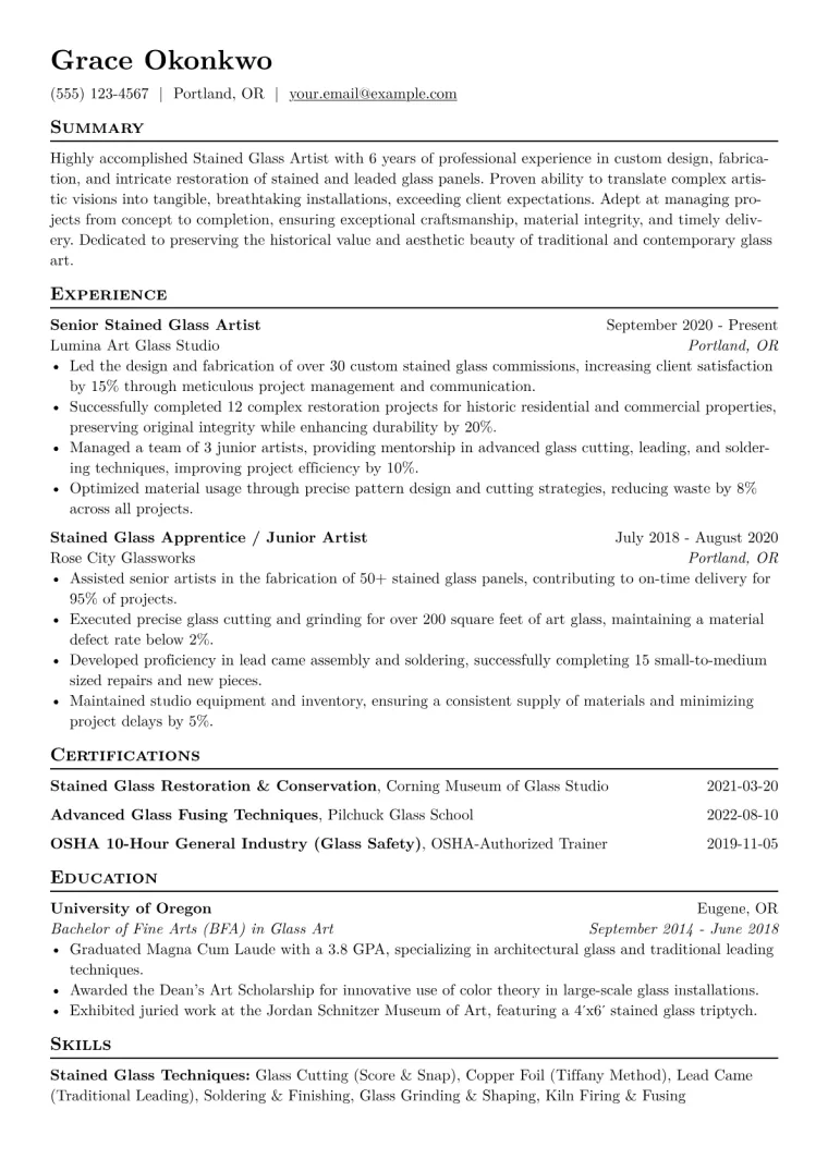 Stained Glass Artist Resume Example CV template preview