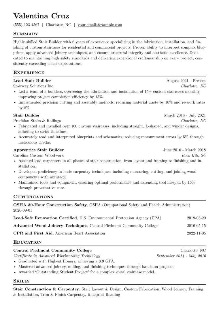 Stair Builder Resume Example CV template preview