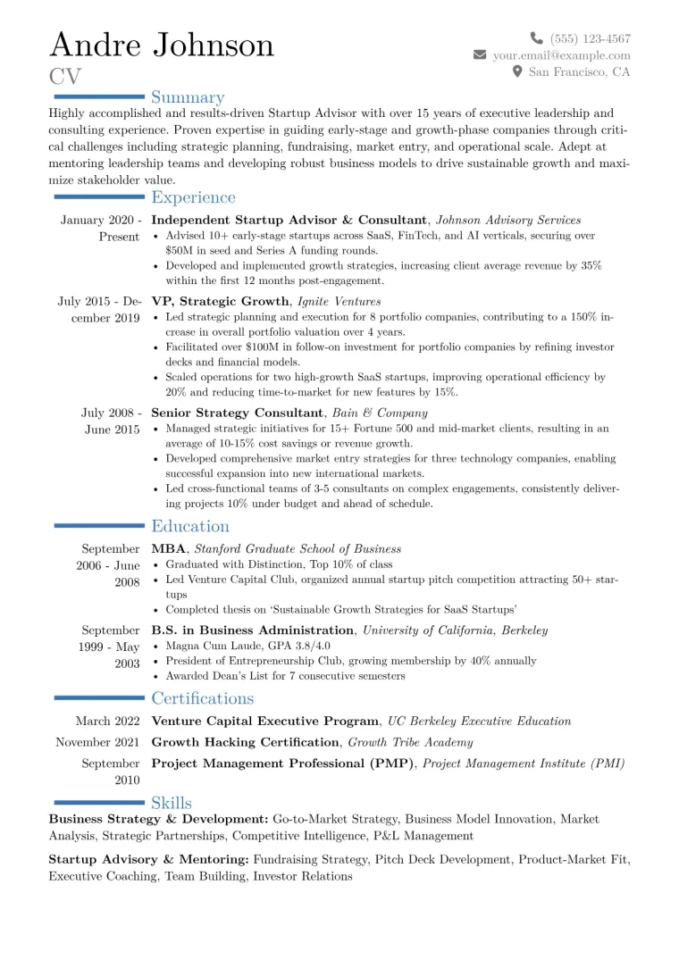 Startup Advisor Resume Example CV template preview