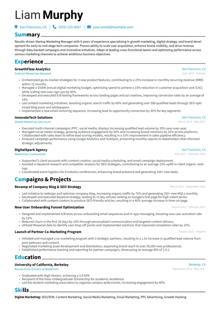 Startup Marketing Manager Resume Example CV template preview