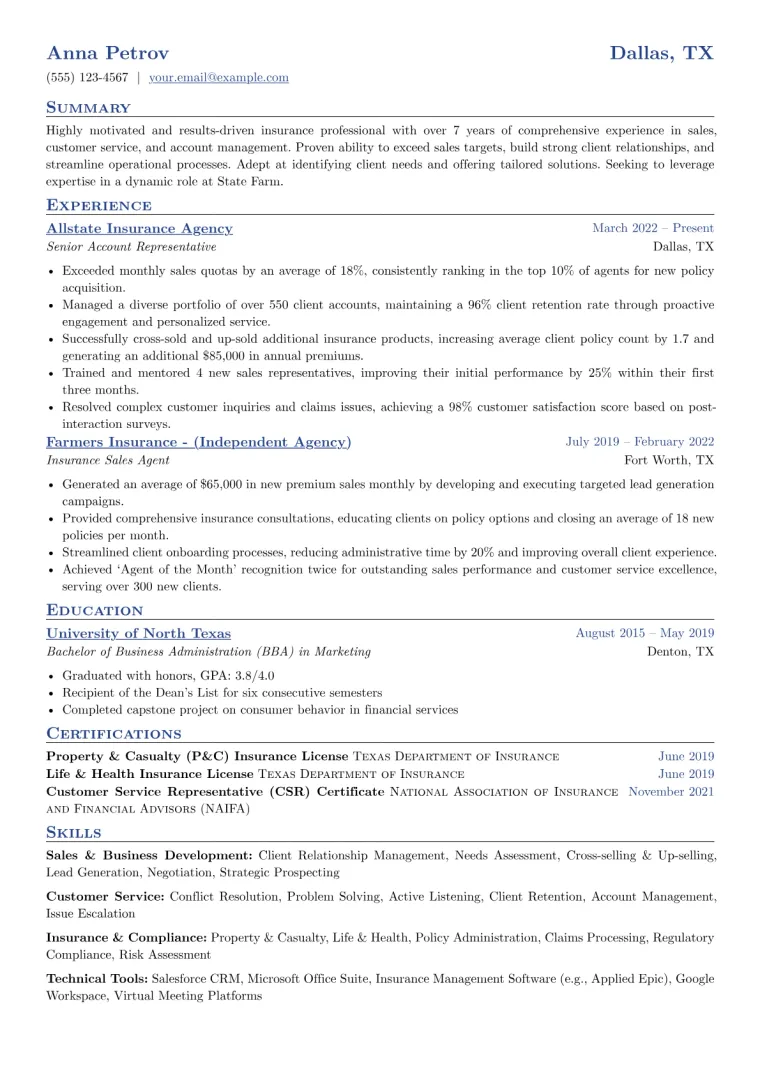 State Farm Resume Example CV template preview