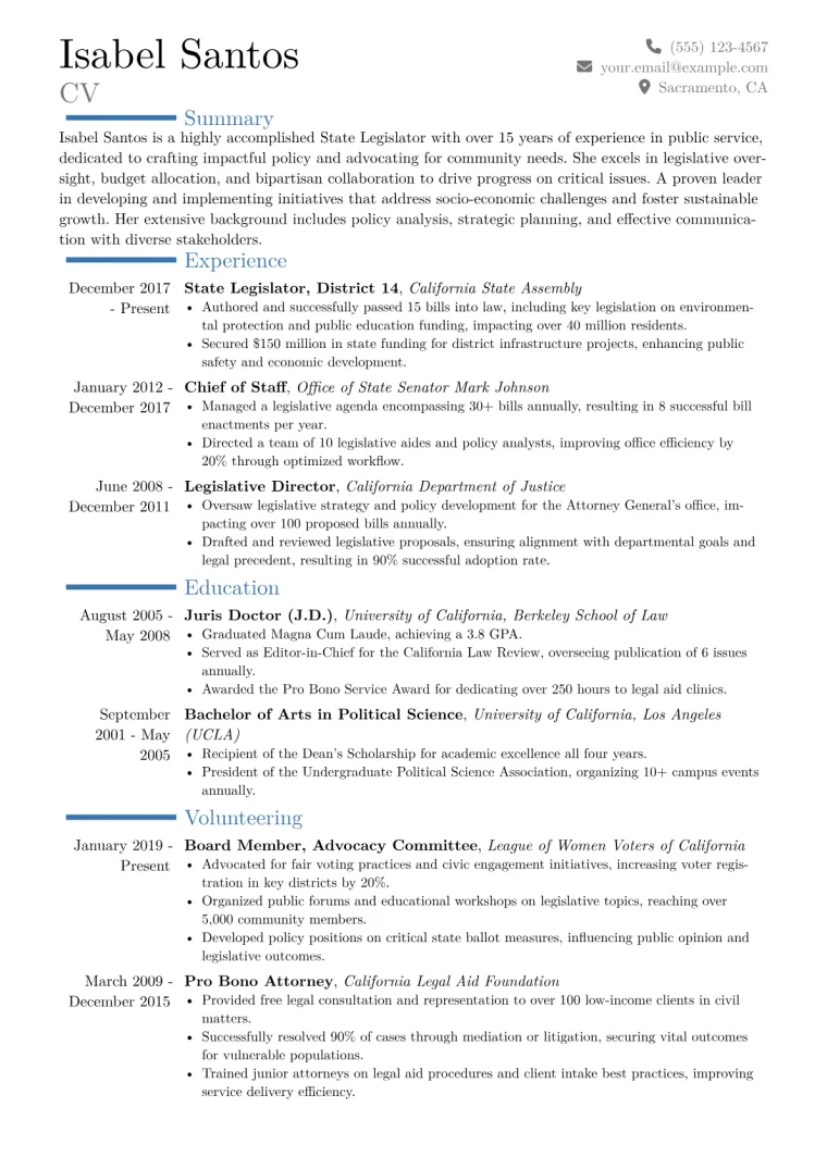 State Legislator Resume Example CV template preview