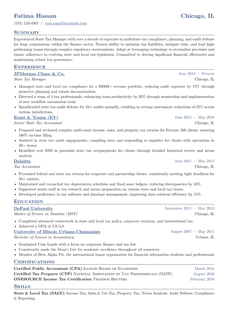 State Tax Manager Resume Example CV template preview