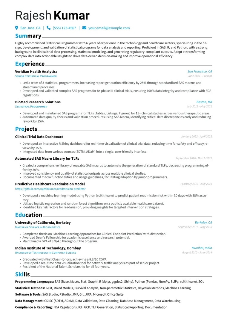 Statistical Programmer Resume Example CV template preview