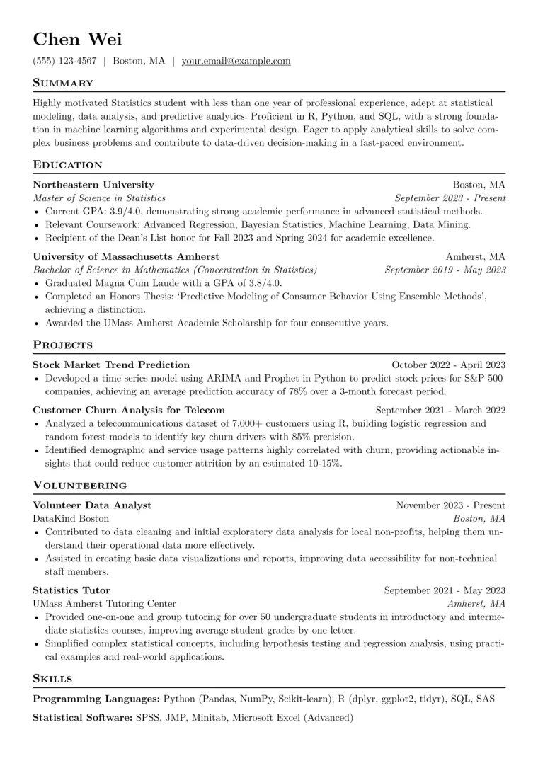 Statistics Student Resume Example CV template preview