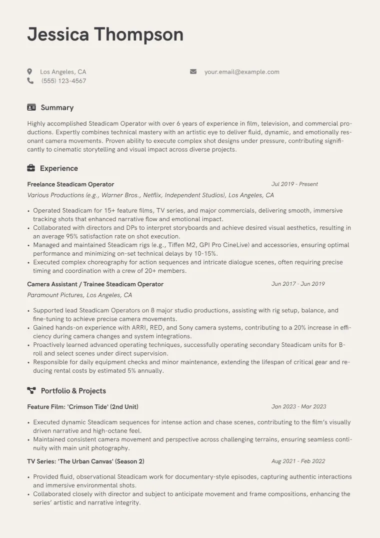 Steadicam Operator Resume Example CV template preview