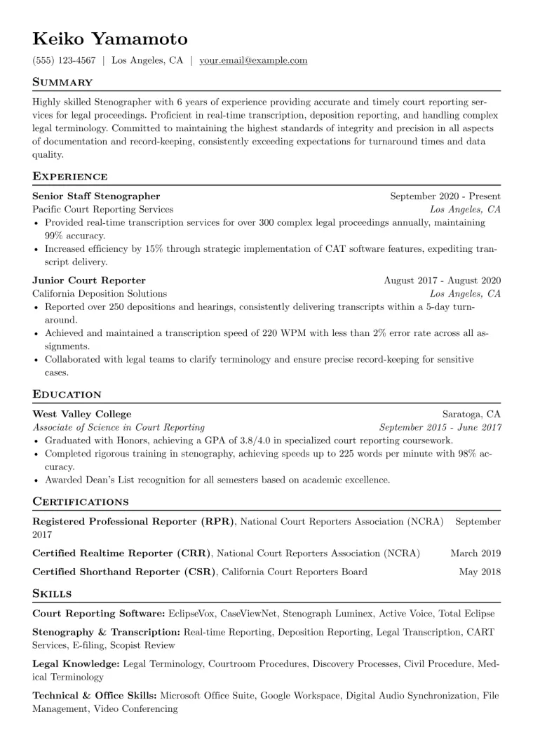 Stenographer Resume Example CV template preview