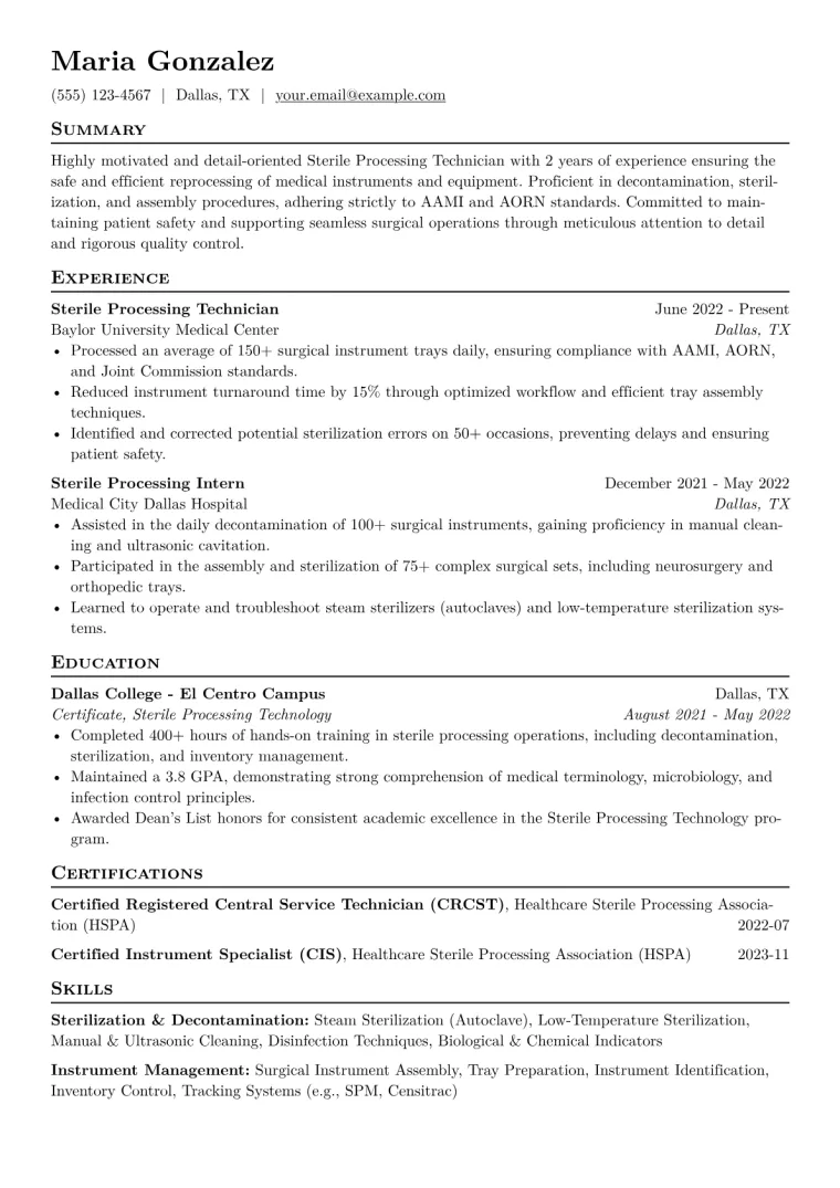 Sterile Processing Technician Resume Example CV template preview