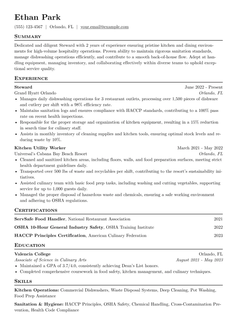 Steward Resume Example CV template preview