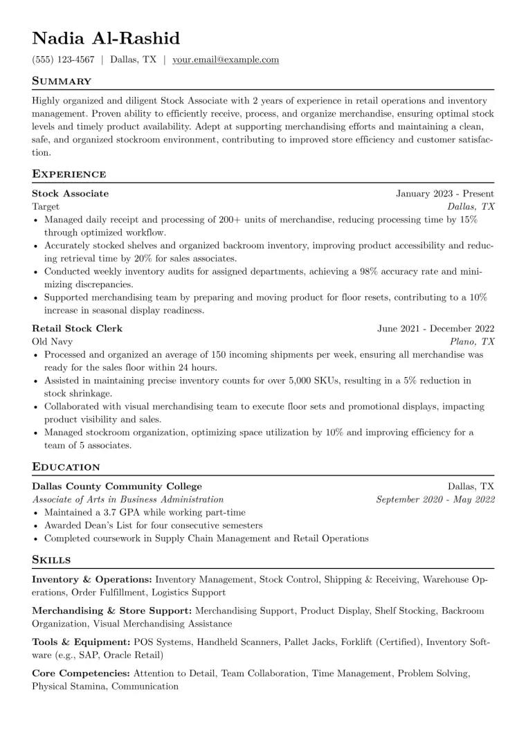 Stock Associate Resume Example CV template preview