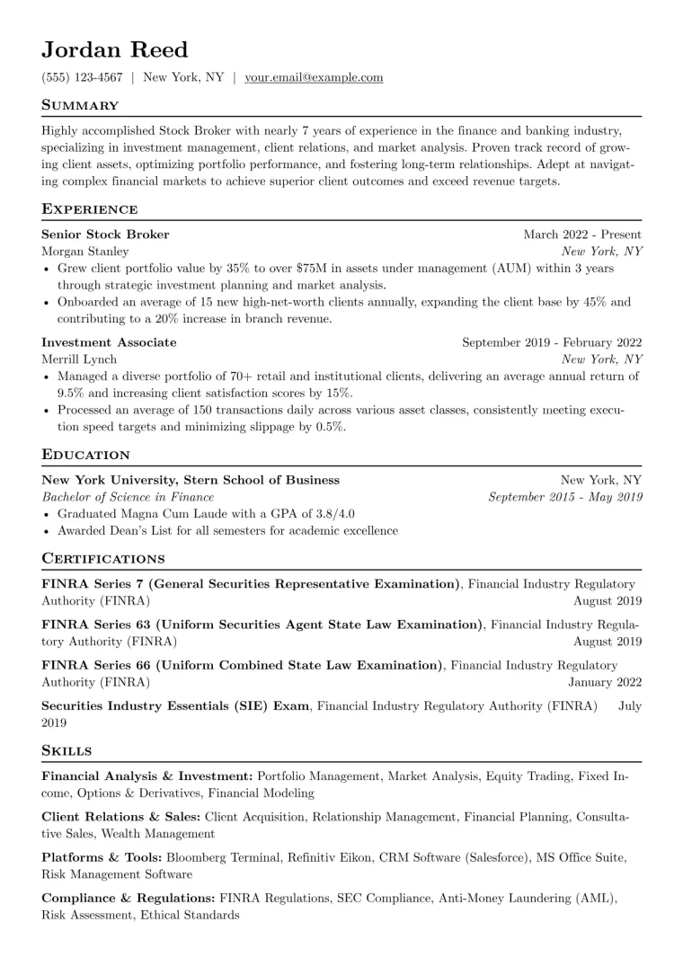 Stock Broker Resume Example CV template preview