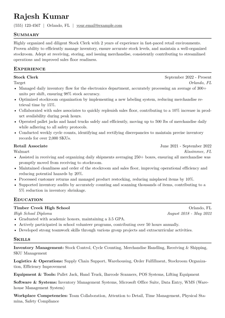 Stock Clerk Resume Example CV template preview