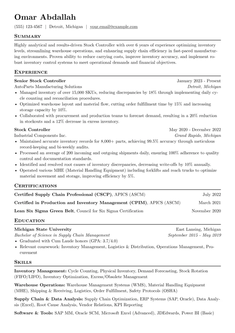 Stock Controller Resume Example CV template preview