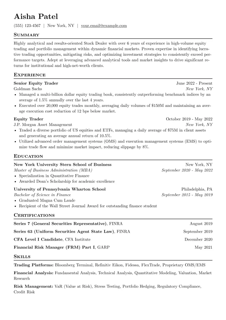Stock Dealer Resume Example preview