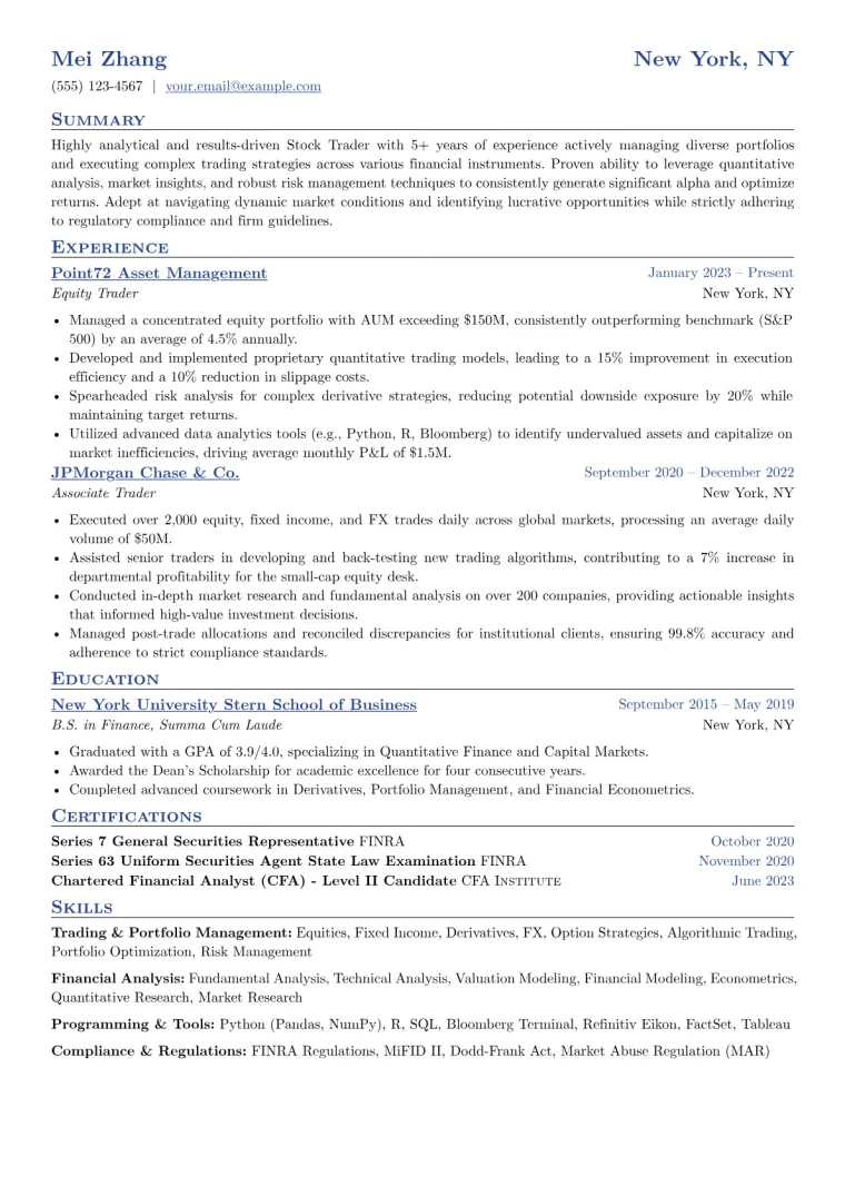 Stock Trader Resume Example preview