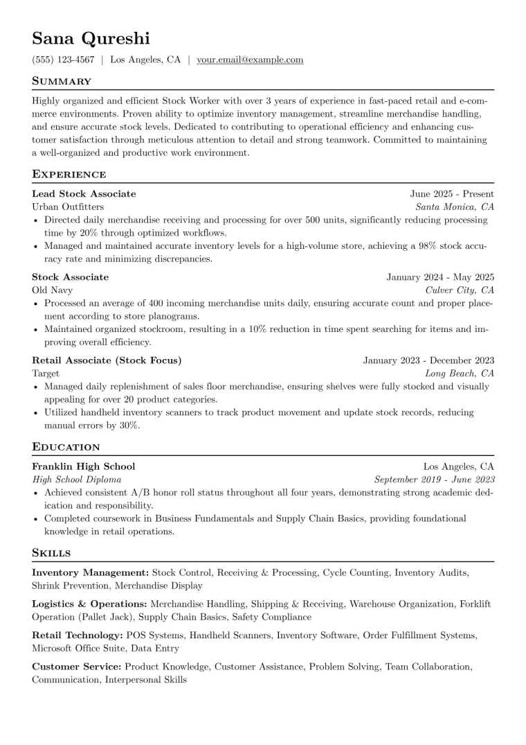 Stock Worker Resume Example preview
